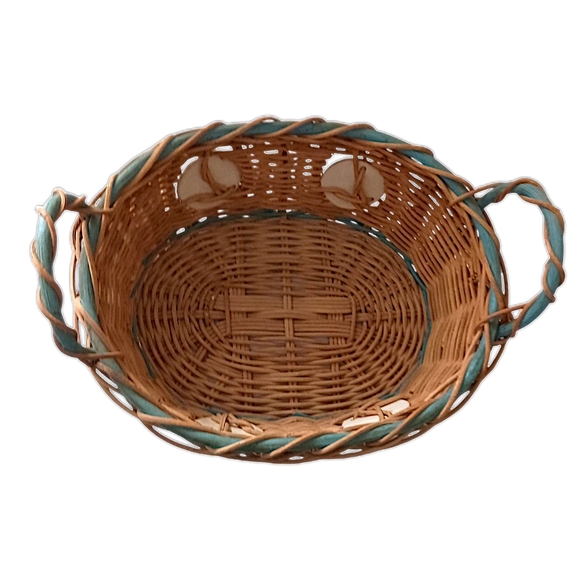 Wicker Basket Ceramic Insets Inlaid Beach Coastal Nautical Handles Bohemian Tan - Picture 6 of 16